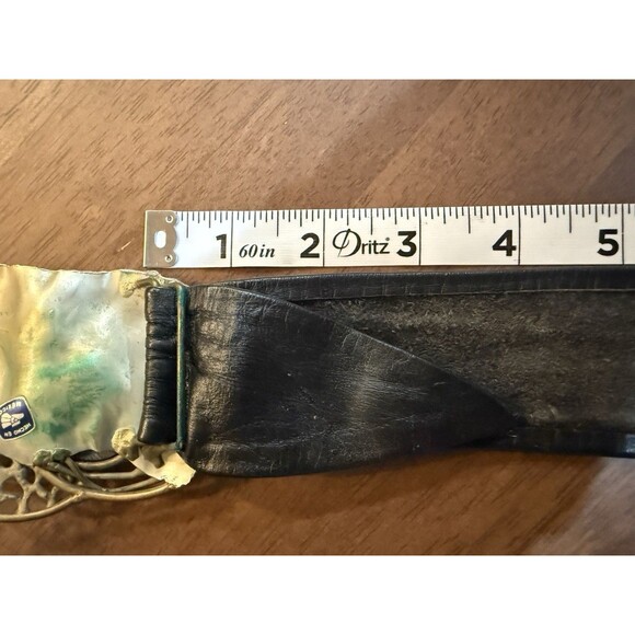 Vintage Mexican Artisan Belt Black Leather Wide Brass Sculptural Buckle Boho MCM - Picture 13 of 13